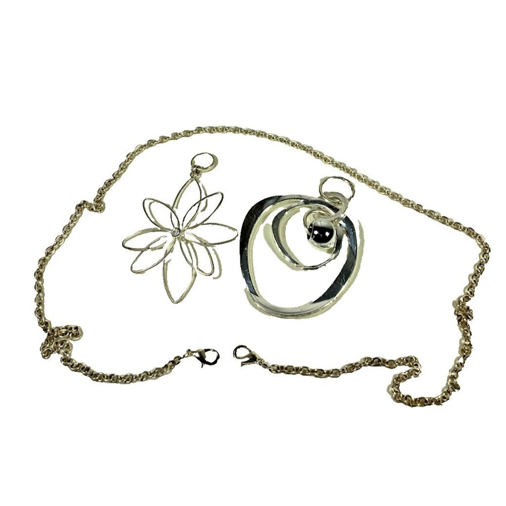 3 Pc Silver Tone Necklace w/2 Pendants 1 Flower w/ Clear Stone & A Double Ring